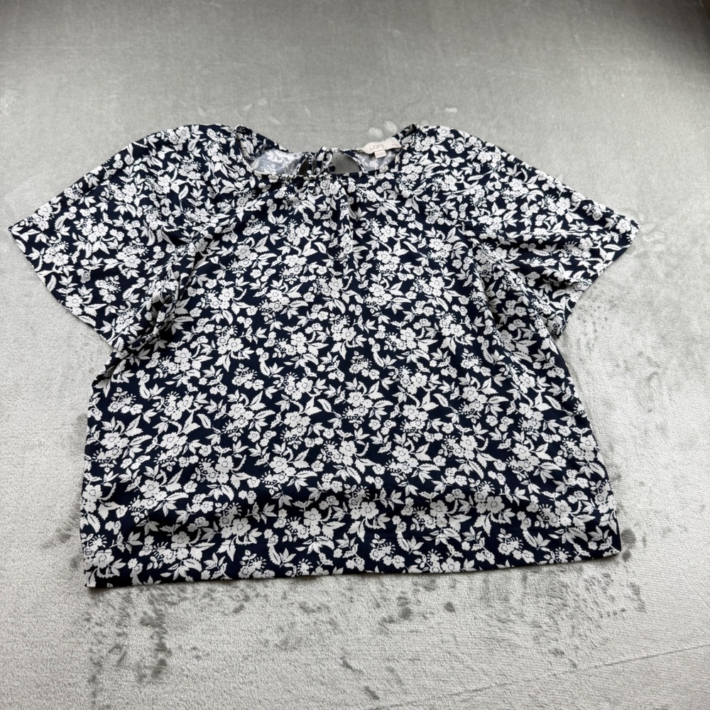LOFT Floral‎ Blouse Women's MP Navy Blue Short Sleeve Keyhole Back Top